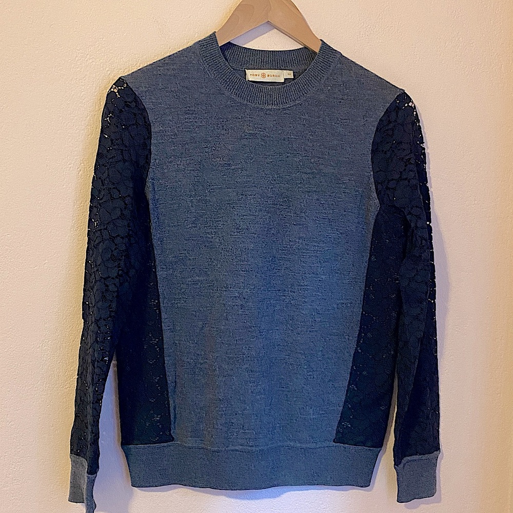 Tory Burch Kammy Grey Merino Wool Black Lace Sleeve Sweater Small - Picture 2 of 12